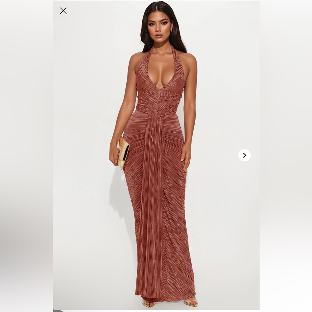 Fashion Nova Copper Halter Pleated Maxi Dress